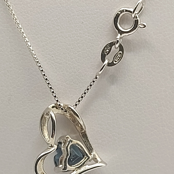 925 Sterling Silver Heart Necklace, Decorated with London Blue Topaz  - Picture 7 of 8